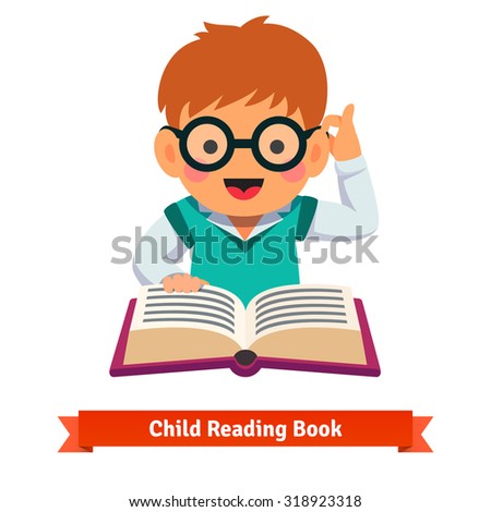 Small boy playing in glasses reading book. Flat style vector cartoon illustration isolated on white background.