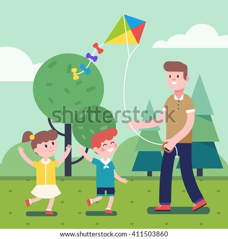 Father of brother playing with kids. Flying kite outdoors together with son and daughter. Smiling characters. Modern flat vector illustration clipart.