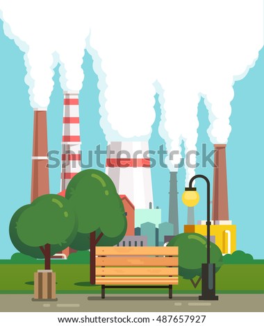 City park bench and trees near air polluting factory pipes. Modern flat style vector illustration.