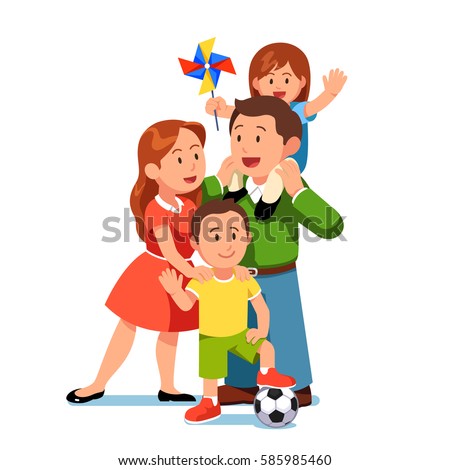 Happy parents mom and dad standing together with kids girl and boy. Little daughter sitting on father shoulders waving hands holding pinwheel. Loving family. Flat style modern vector illustration.