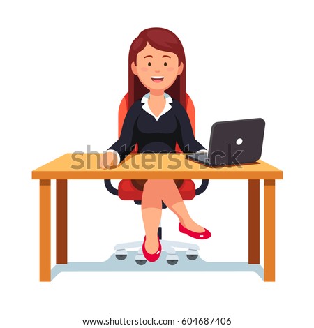 Smiling relaxed business woman confidently sitting at her clean office desk with laptop and looking at viewer. Female executive manager or CEO. Flat style vector illustration isolated on white.