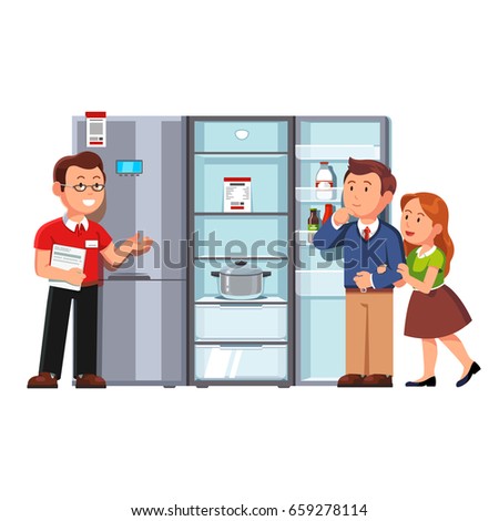 Shop assistant seller showing single door refrigerator to clients man & woman. Domestic appliances store customers family couple buying new fridge. Retail business concept. Flat vector illustration.
