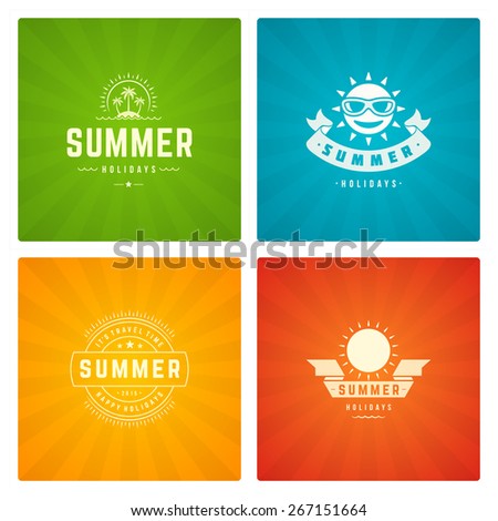 Summer holidays design elements and typography set. Retro and vintage templates. Labels, Badges, Posters, T-shirts, Apparel. Vector set. Beach vacation, party, travel, tropical paradise, adventure.