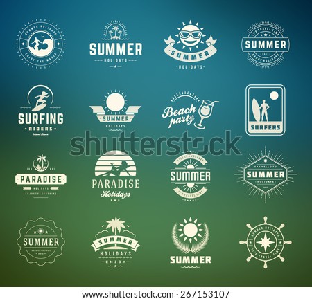 Summer holidays labels design elements and typography set. Retro and vintage templates. Badges, Posters, Emblems, Apparel. Vector set. Beach vacation, party, travel, tropical paradise, adventure.