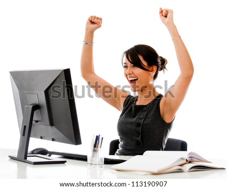 Successful business woman with arms up - isolated over a white background