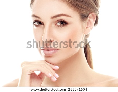 Beautiful woman face close up studio on white