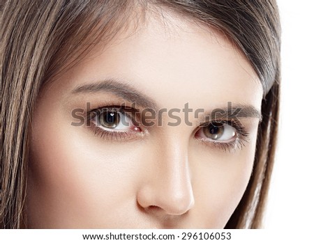 Eyes beautiful woman face studio on white close-up