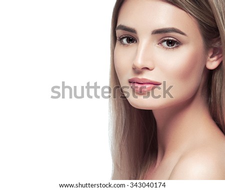 Blonde woman beauty portrait face looking camera isolated on white