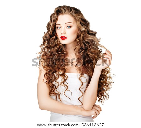Beautiful woman curly long hair closeup face portrait with nice smile and perfect hairstyle