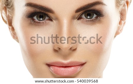Beautiful Eyes Blonde closeup Face of Young Woman with Clean Fresh Skin close up isolated on white. Beauty Portrait. Beautiful Spa Woman Smiling. Perfect Fresh Skin. Pure Beauty Model.