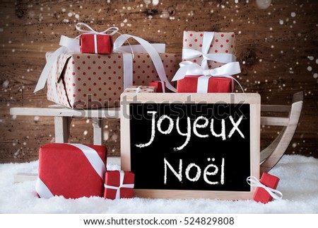 Sleigh With Gifts, Snow, Snowflakes, Joyeux Noel Means Merry Christmas