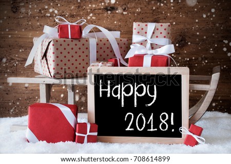 Sleigh With Gifts, Snow, Snowflakes, Text Happy 2018