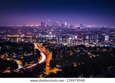 View of Downtown Los Angeles from the Hollywood Hills. Interstate 101 is shown in the foreground.