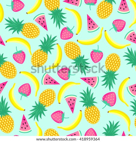 Seamless pattern with yellow bananas, pineapples and juicy strawberries on mint green background. Cute vector background. Bright summer fruits illustration. Fruit mix design for fabric and decor.