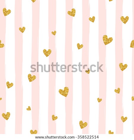 Gold glittering heart confetti seamless pattern on striped background