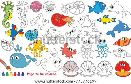 Underwater Animals Elements Set Collection Of Coloring Book Template The Group Outline Digital
