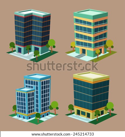 Various Cartoon Style Isometric Building Stock Vector 245214733 ...