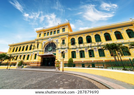 Saigon Central Post Office on blue sky background in Ho Chi Minh, Vietnam. Steel structure of the gothic building was designed by Gustave Eiffel. Ho Chi Minh is a popular tourist destination of Asia.