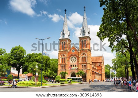 HO CHI MINH, VIETNAM - APRIL 30, 2015: Saigon Notre-Dame Cathedral Basilica on blue sky background in Ho Chi Minh city, Vietnam. Ho Chi Minh is a popular tourist destination of Asia.