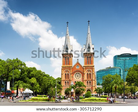 Saigon Notre-Dame Cathedral Basilica (Basilica of Our Lady of The Immaculate Conception) on blue sky background in Ho Chi Minh city, Vietnam. Ho Chi Minh is a popular tourist destination of Asia.