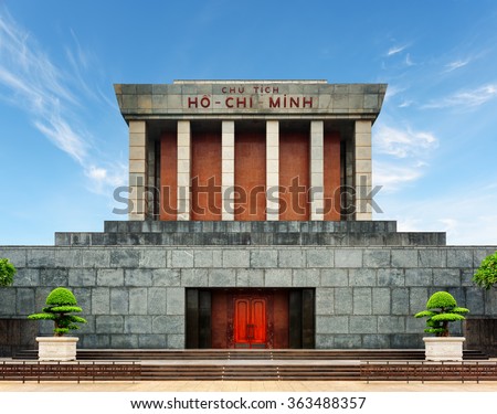 The Ho Chi Minh Mausoleum in centre of the Ba Dinh Square in Hanoi, Vietnam. Blue sky in background. The Ho Chi Minh Mausoleum is a popular tourist destination of Asia.