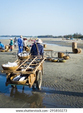 LONG HAI, VIET NAM - May 31,2014: People working at a wholesale fish market, they get fresh fish directly from fishing boats at Long Hai township, Ba Ria - Vung Tau province, Vietnam