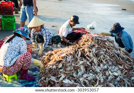LONG HAI, VIET NAM - MAY 31 2015: People's daily life at fishing village Long Hai, they collecting fresh fishes from boat and open up a market in the early morning
