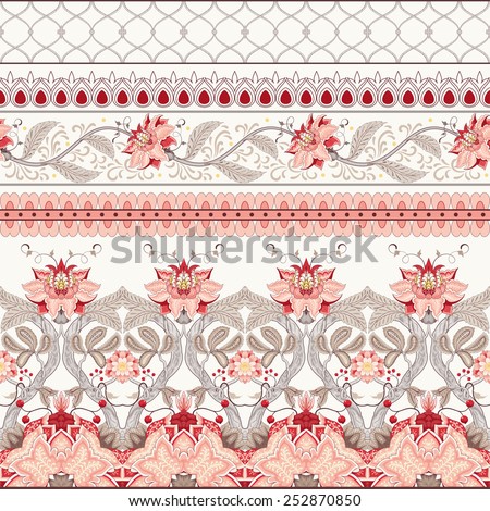 Vector set of horizontal seamless borders. The motives of the paintings of ancient Indian fabrics. Tree of Life collection.