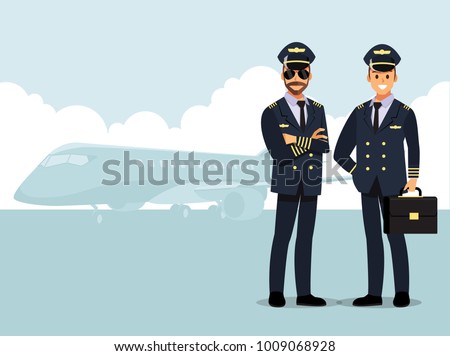 Welcome to travel by plane. Pilot, capitan Vector illustration cartoon character