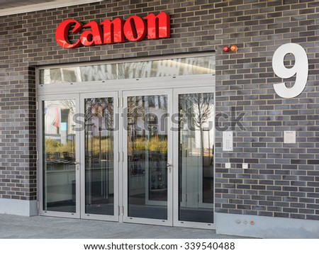 Wallisellen, Switzerland - 13 November, 2015: entrance of the Canon (Switzerland) AG office building. Canon is a multinational corporation specialized in manufacturing of imaging and optical products.