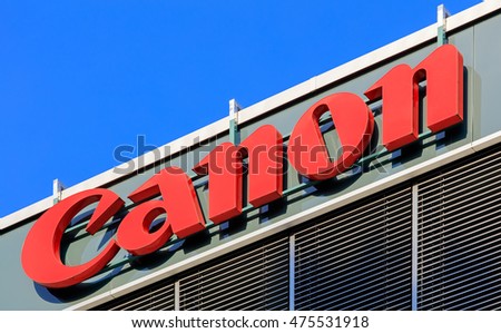 Wallisellen, Switzerland - 28 August, 2016: Canon sign on the upper part of the Canon Switzerland AG company office. Canon is a multinational corporation manufacturing imaging and optical products.