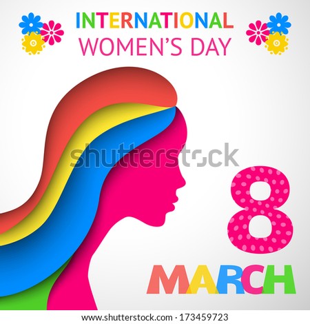 Happy Women's Day greeting or gift card on white background with women's silhouette cut out paper. Vector illustration for attractive beautiful holiday design. Colorful applique to 8 March. Pink color
