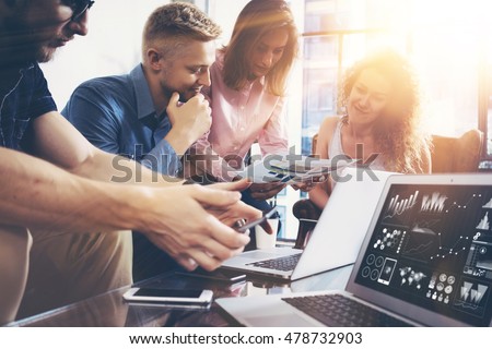 Startup Diversity Teamwork Brainstorming Meeting Concept.Business Team Coworker Global Sharing Economy Laptop Graph Screen.People Working Planning Start Up.Group Young Man Women Looking Report Office