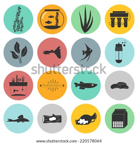Set of modern flat aquarium icons - fish tanks, fish types, aquarium plants and decor. Aquarium supplies, maintenance, starter kit symbols. Pet shop illustration.
