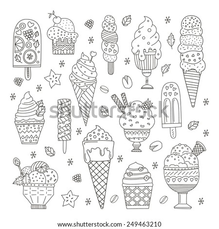 Collection of cute vector hand drawn cartoon ice cream. Cones and ice creams with different flavours made in doodle style.