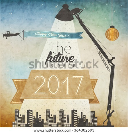 Vintage New Year's Eve Card. Retro cartoon style New Year greetings illustration. Vintage Christmas Postcard Illustration. New 2017 year greeting card. Happy new Year 2017. Futuristic illustration.