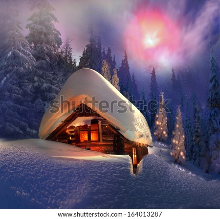 Climbing to tourist wild alpine mountain to an abandoned cabin-in order to illuminate the snow-covered spruce canopy during moonrise, moonset, to see the first star of Christmas in the Carpathians