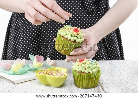 Woman Decorating Cupcakes cupcake decorating stock photos, royalty-free images & vectors Woman Decorating Cupcakes cupcake decorating stock photos, royalty-free images & vectors