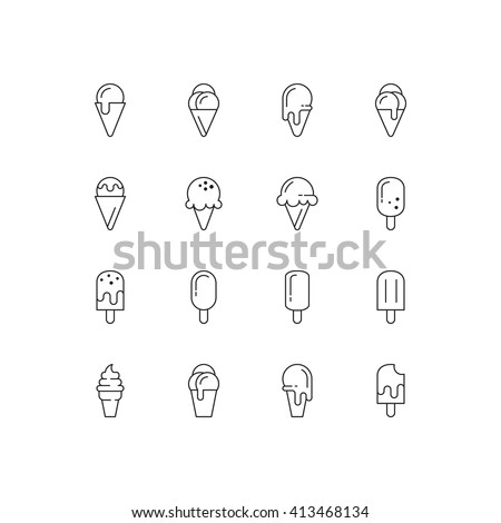 Ice cream icons. Vector set of simple linear icons. Black signs on white background. EPS 8.