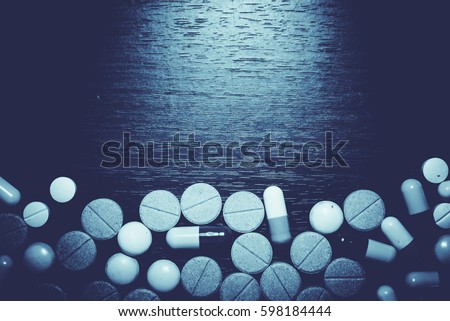 Drug prescription for treatment medication. Pharmaceutical medicament, cure in container for health. Pharmacy theme, capsule pills with medicine antibiotic in packages.