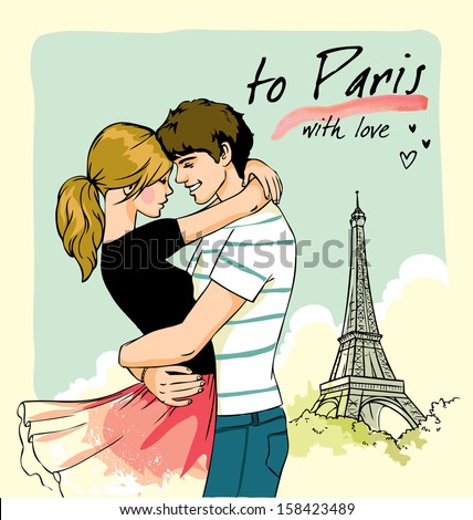 Romantic Couple Paris Stock Vector 158423489 - Shutterstock