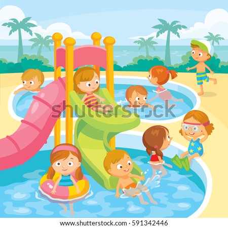 Kids Swimming Aqua Park Stock Vector 591342446 - Shutterstock