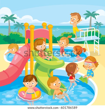Kids Play Swim Aqua Park Stock Vector 601786589 - Shutterstock