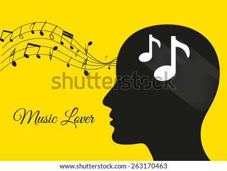 music from brain yellow background, music notes, music lover, music vector