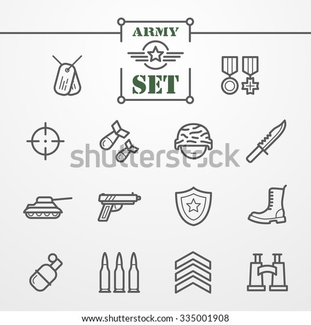 Collection of thin line icons - army and military theme