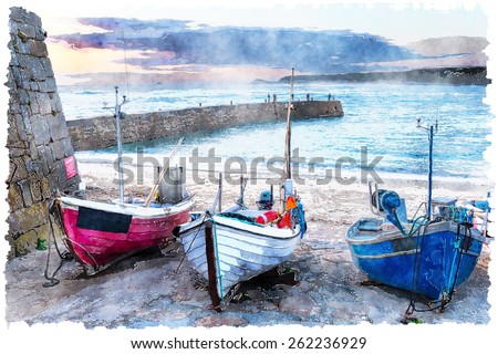 Fishing Boats On Beach Sennen Cove Stock Illustration ...