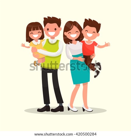 Happy family. Father, mother, son and daughter together. Vector illustration of a flat design