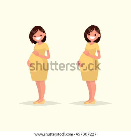 Motherhood. Pregnant woman posing. Happy expectant mother. Vector illustration of a flat design