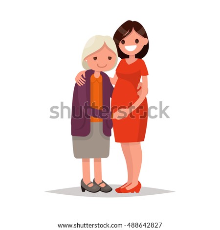 Elderly mother and adult daughter together. Vector illustration of a flat design
