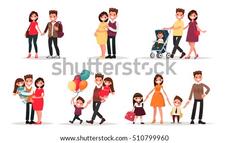 Set of characters showing the stages of development of the family. Creation, birth of children, care and upbringing. Mother, father, daughter and son. Vector illustration in a flat style
